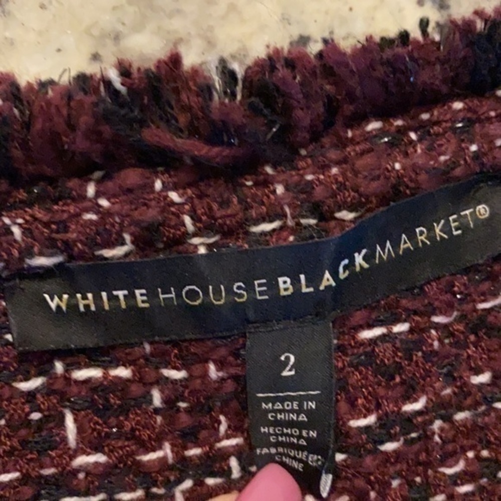 WHBM burgundy white black tweed peplum fringe jacket - Picture 15 of 15